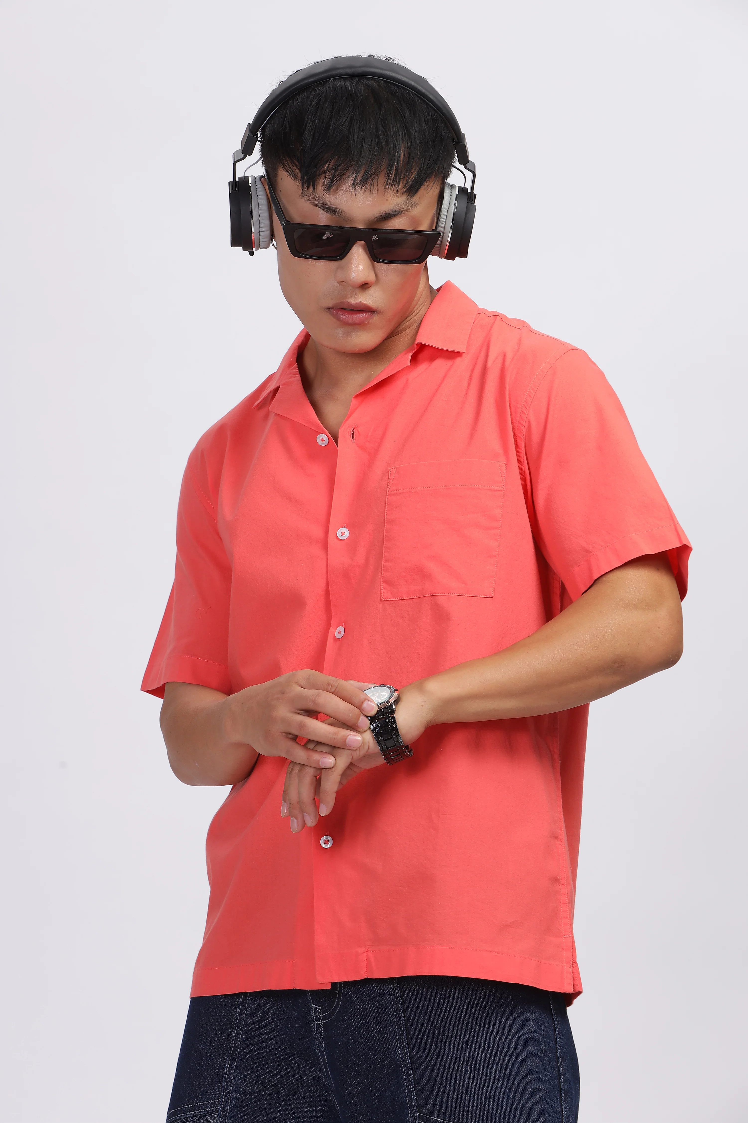 Uri Peach Solid Cuban Collar Shirt