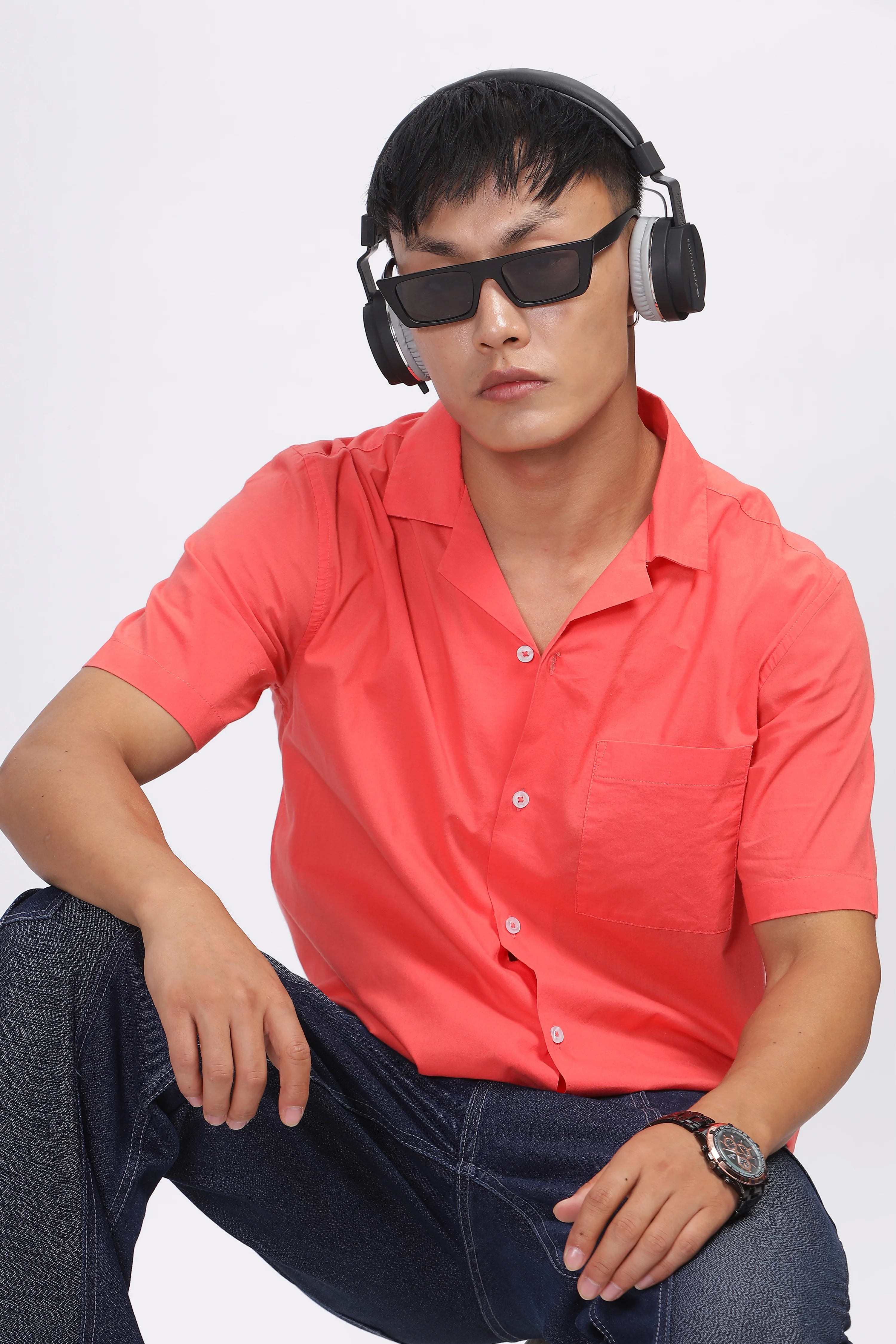 Uri Peach Solid Cuban Collar Shirt - Image 6