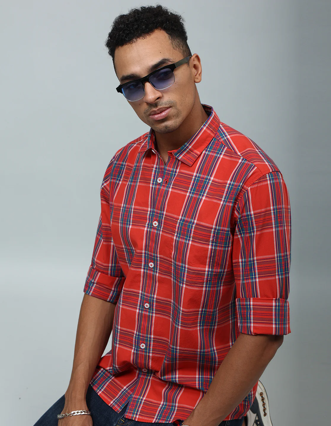 Uri Red Cotton Checked Casual Shirt - Image 6