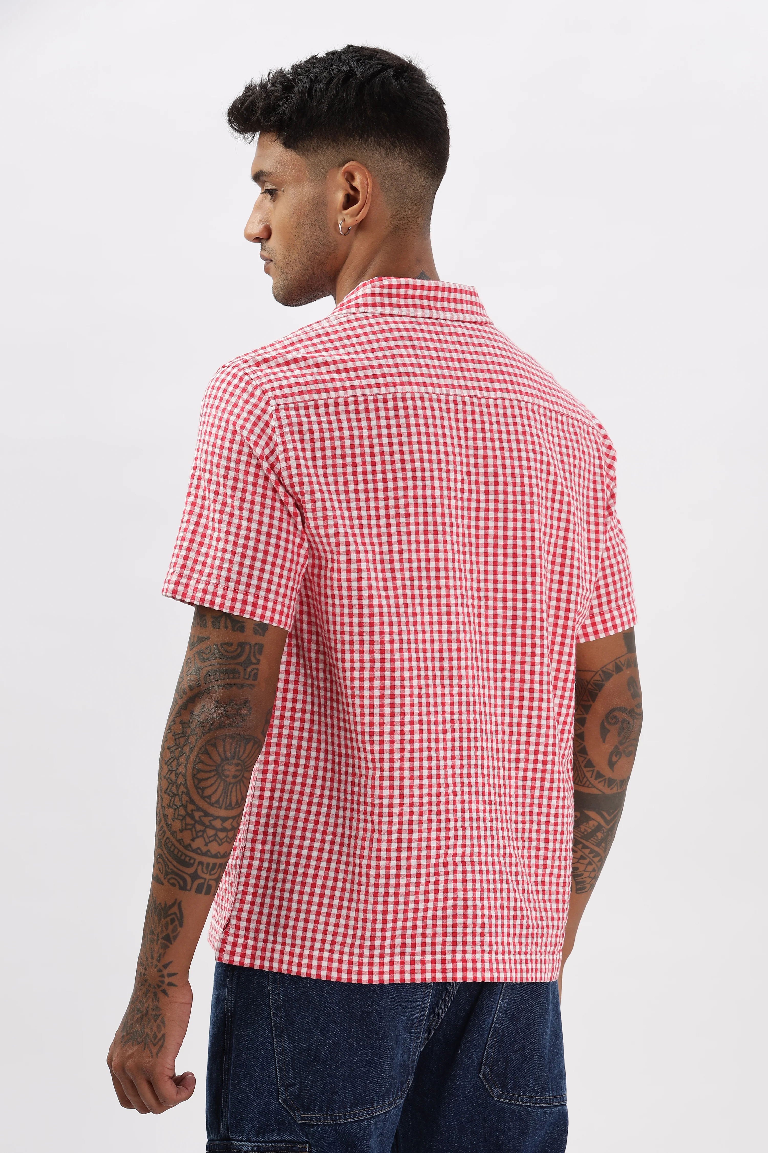 Uri Red Gingham Check Casual Half Sleeve Shirt - Image 3