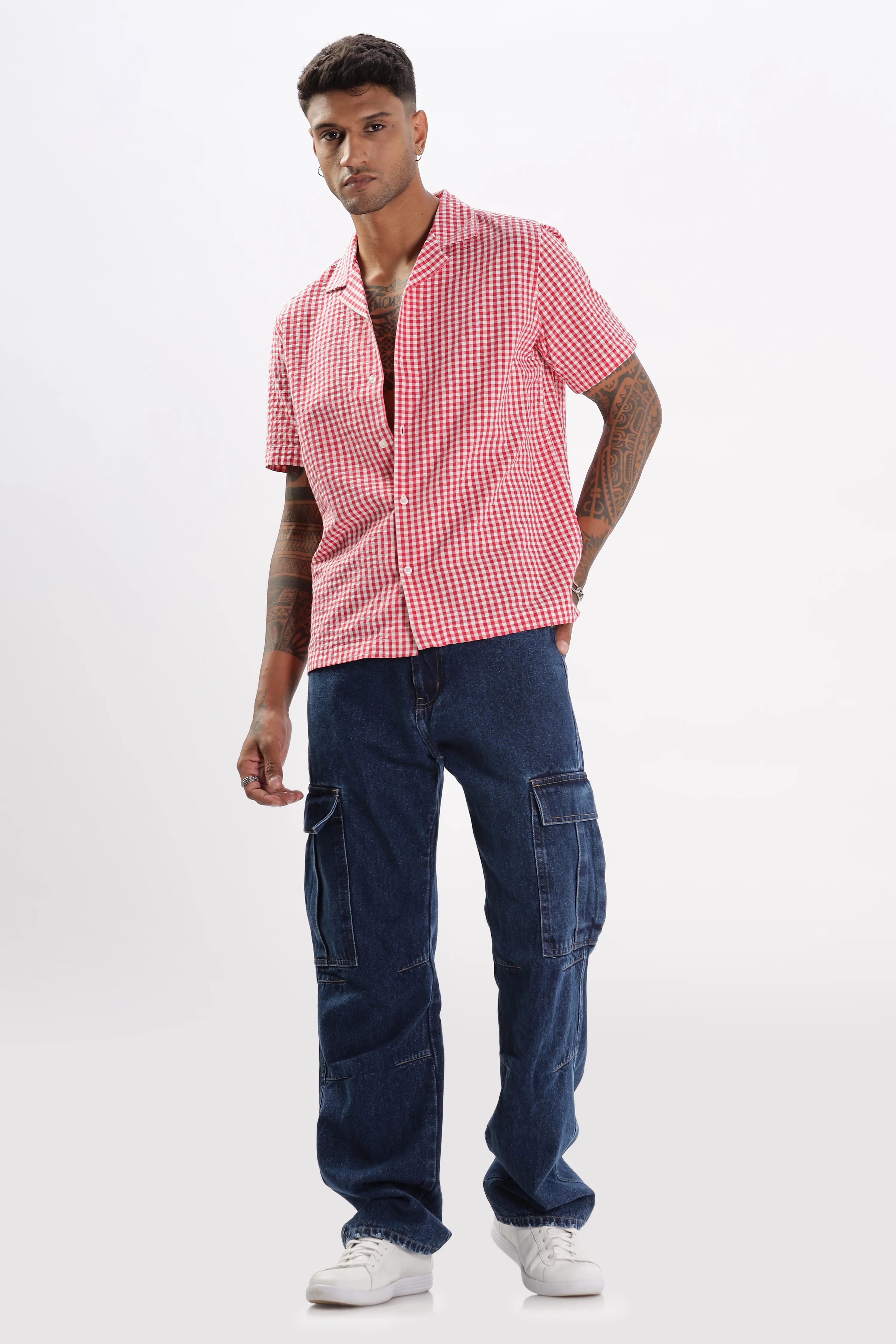 Uri Red Gingham Check Casual Half Sleeve Shirt - Image 5