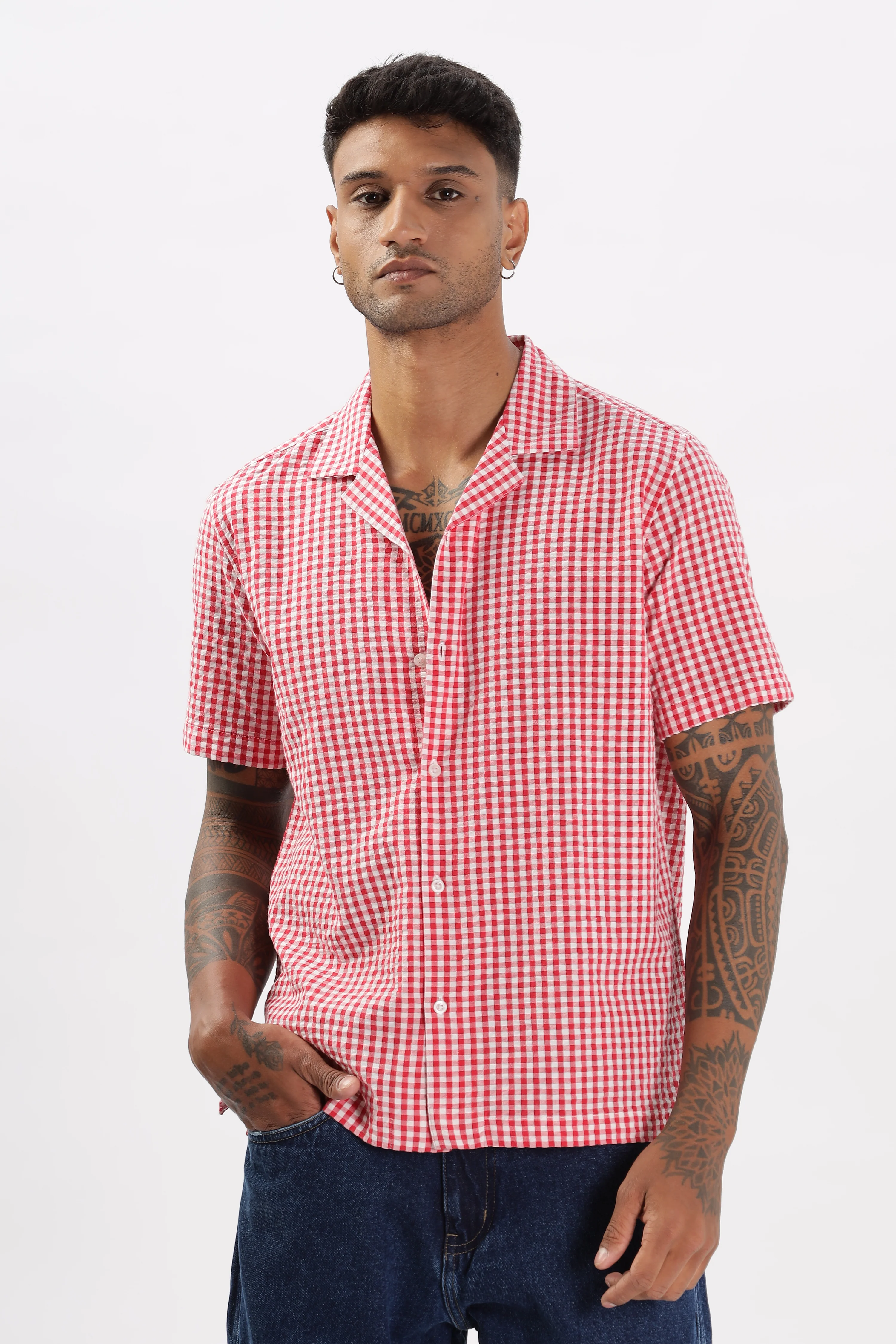 Uri Red Gingham Check Casual Half Sleeve Shirt - Image 6