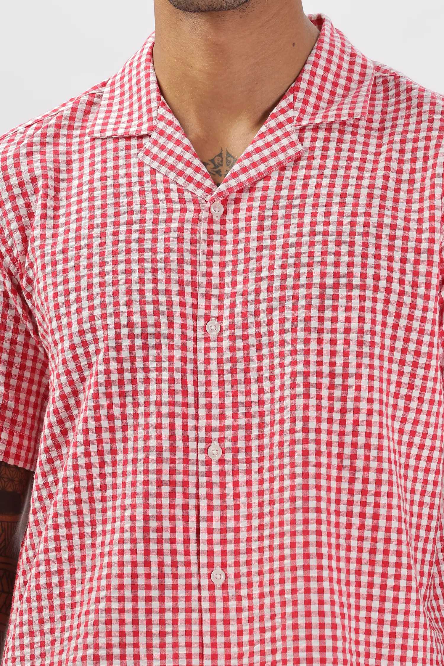 Uri Red Gingham Check Casual Half Sleeve Shirt - Image 7