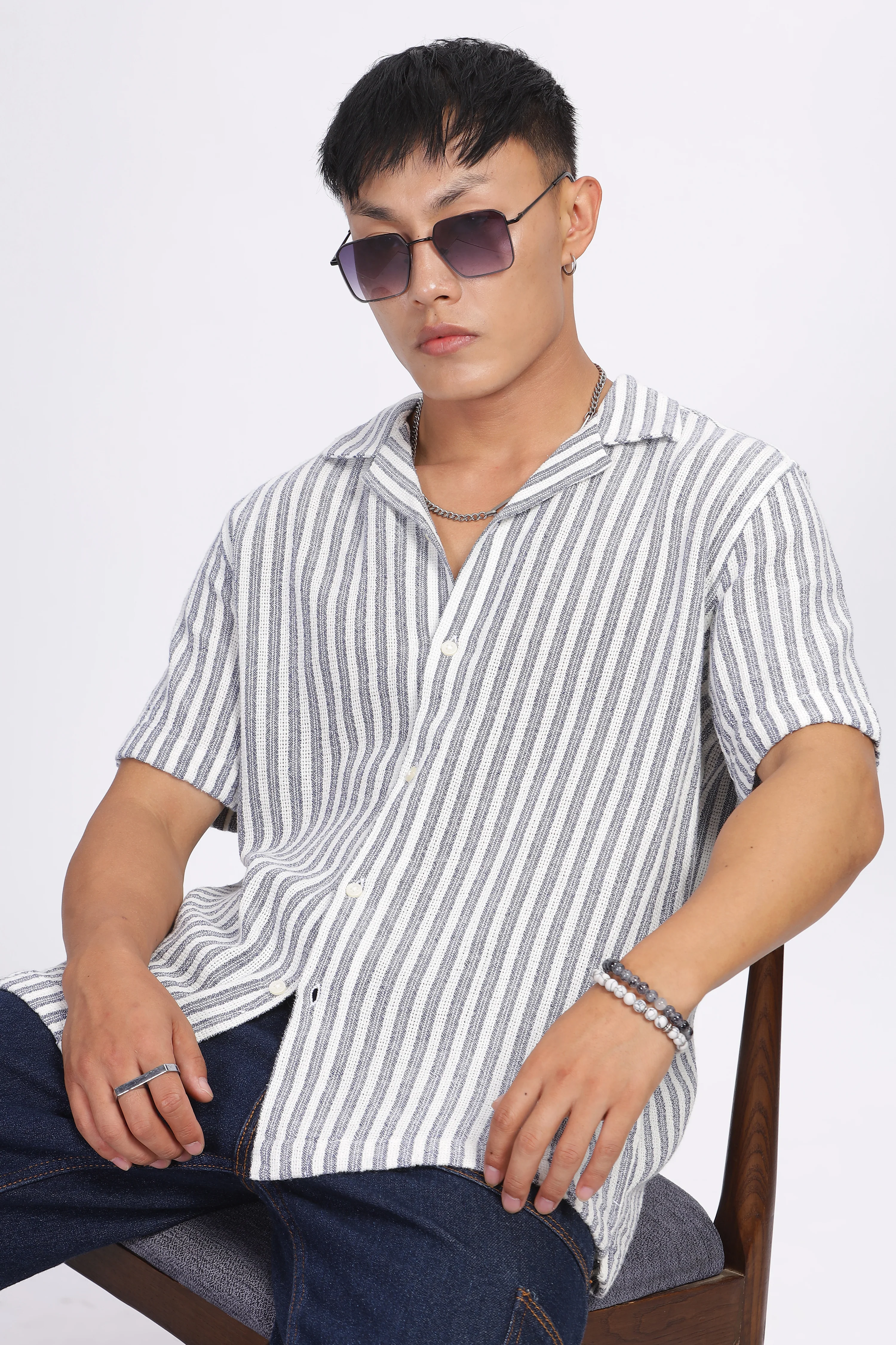 Uri Striped Matte Weave Cuban Collar Shirt - Image 5
