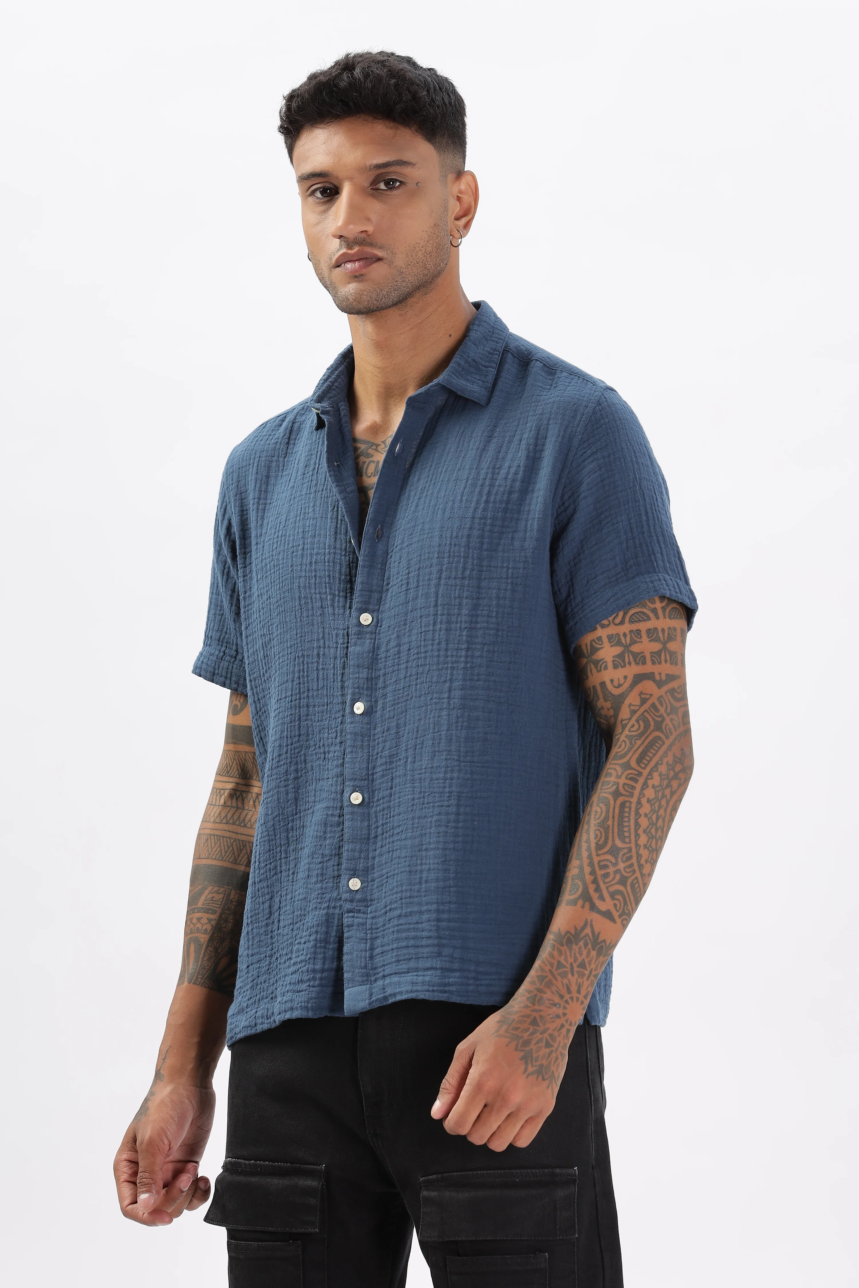 Uri Textured Boxy Fit Blue Shirt - Image 4