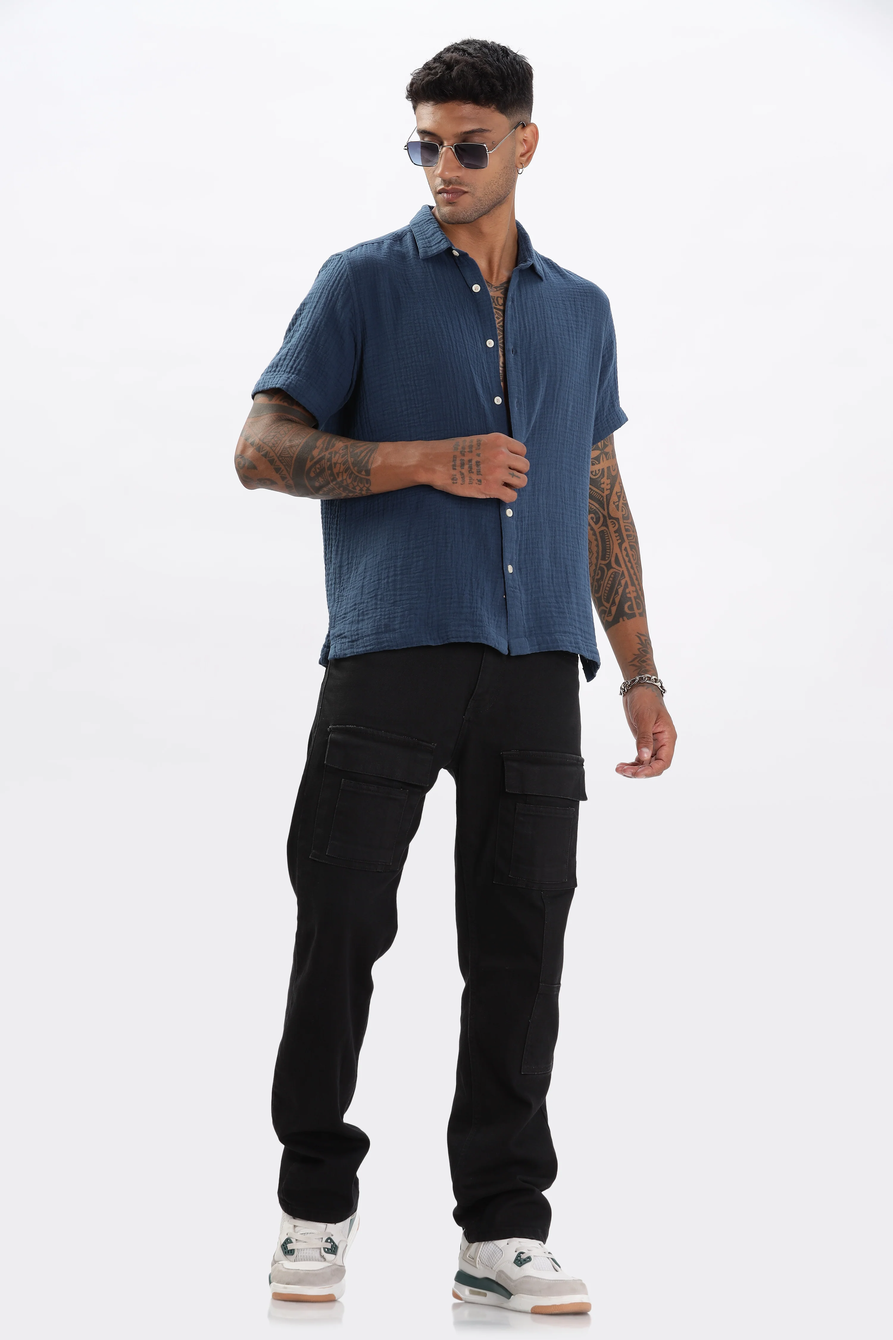 Uri Textured Boxy Fit Blue Shirt - Image 5