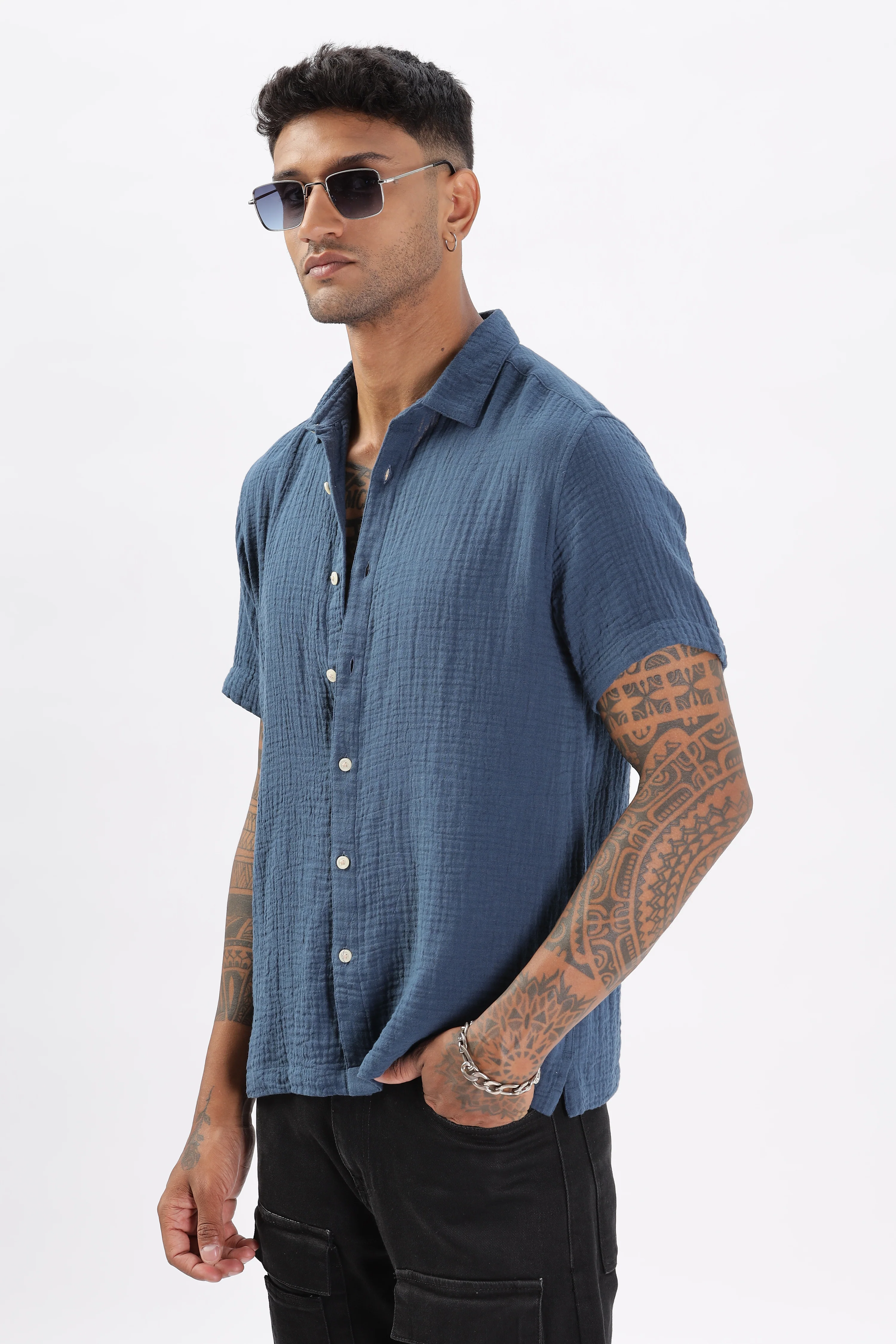 Uri Textured Boxy Fit Blue Shirt - Image 6