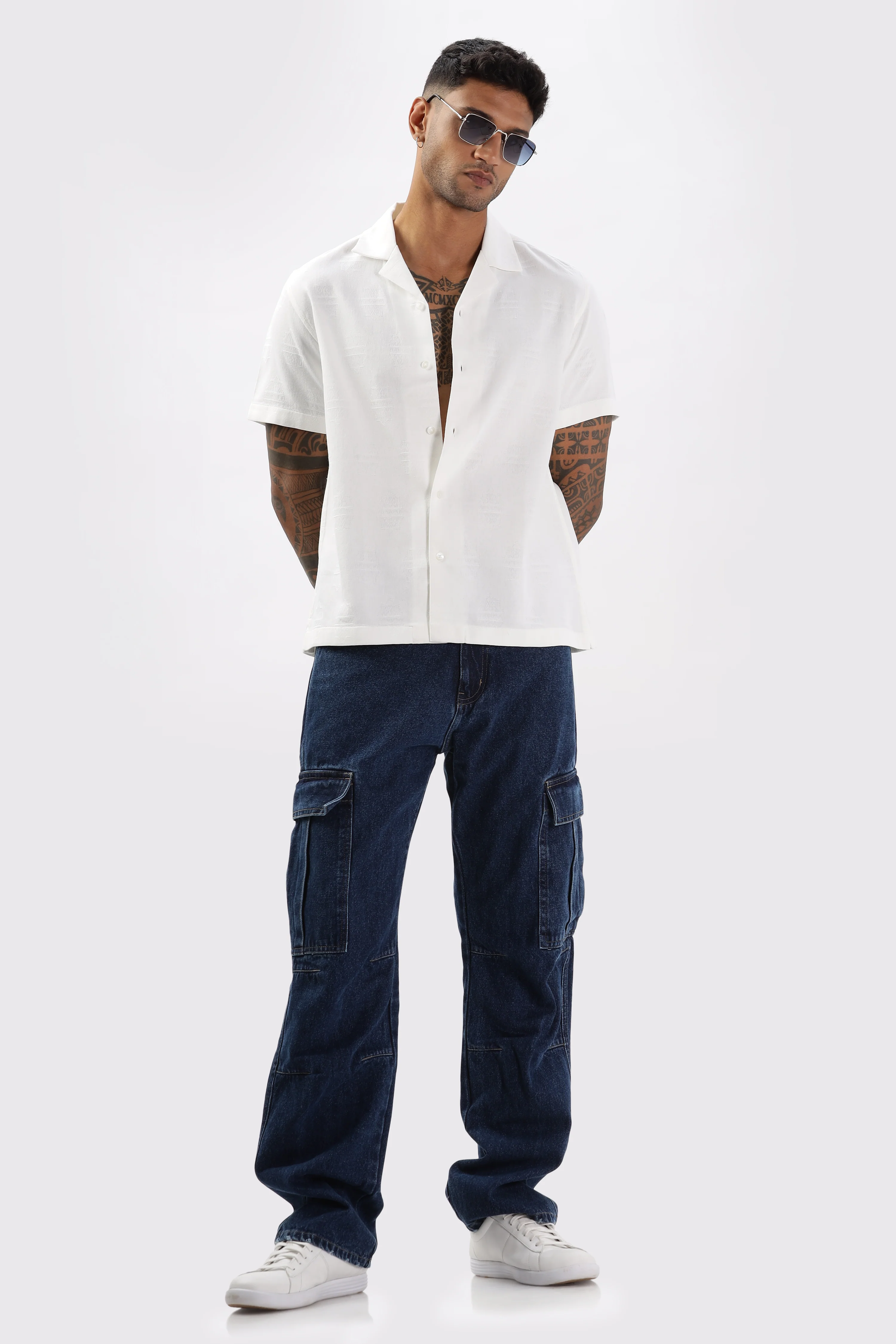Uri White Jacquard Casual Cuban Collar Shirt - Image 5