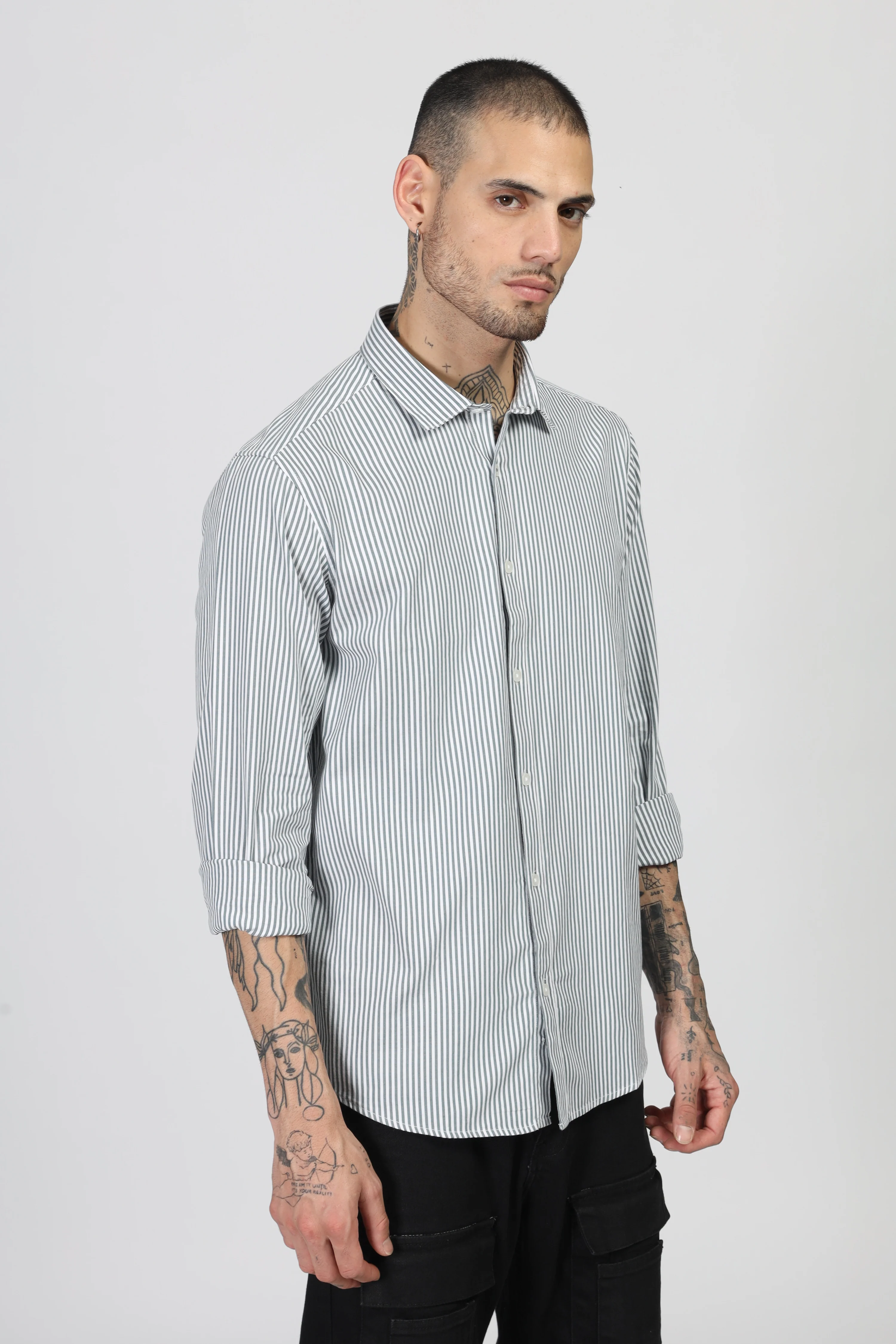 Uri White & Olive Stripe Full Sleeve Shirt - Image 2