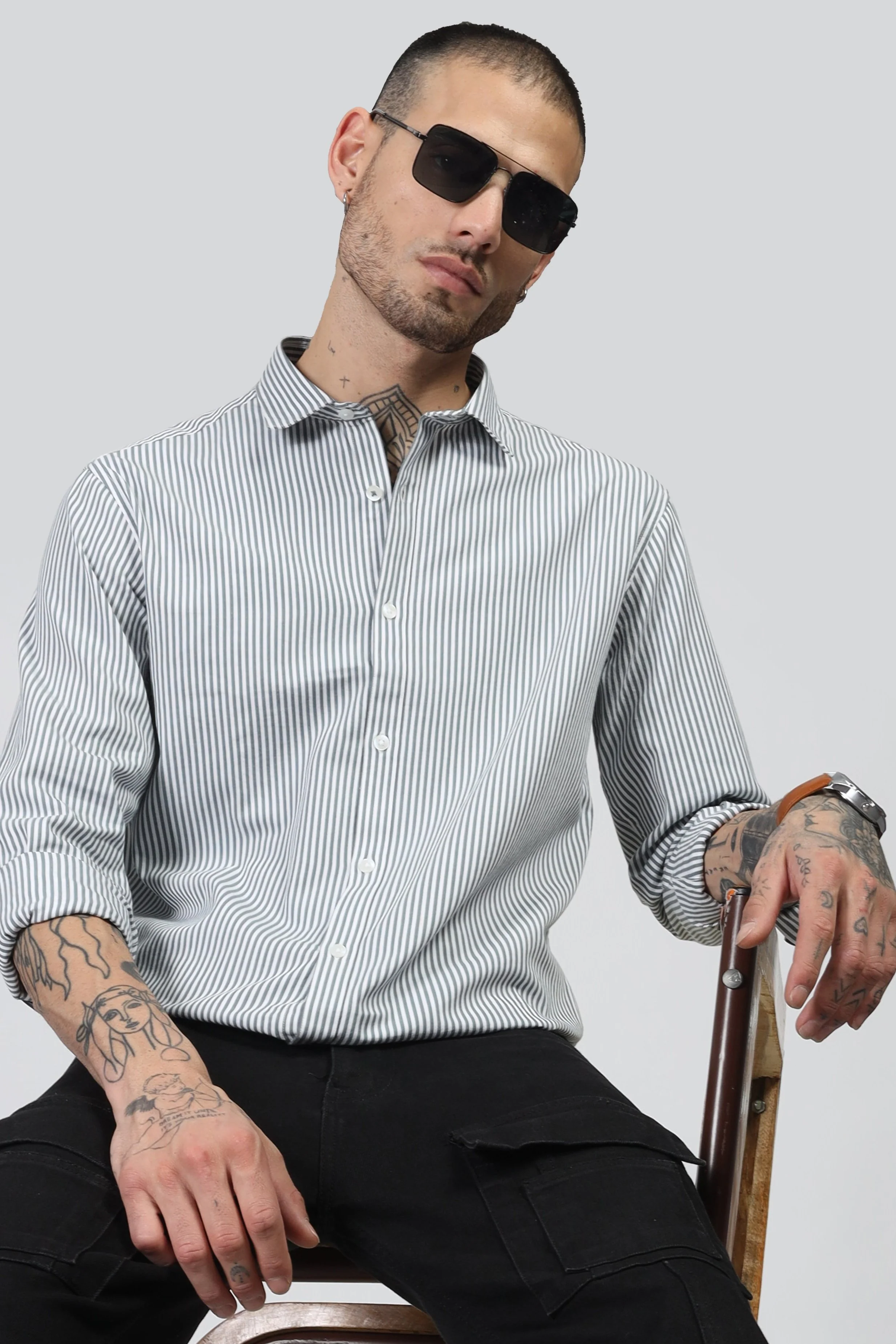Uri White & Olive Stripe Full Sleeve Shirt - Image 4