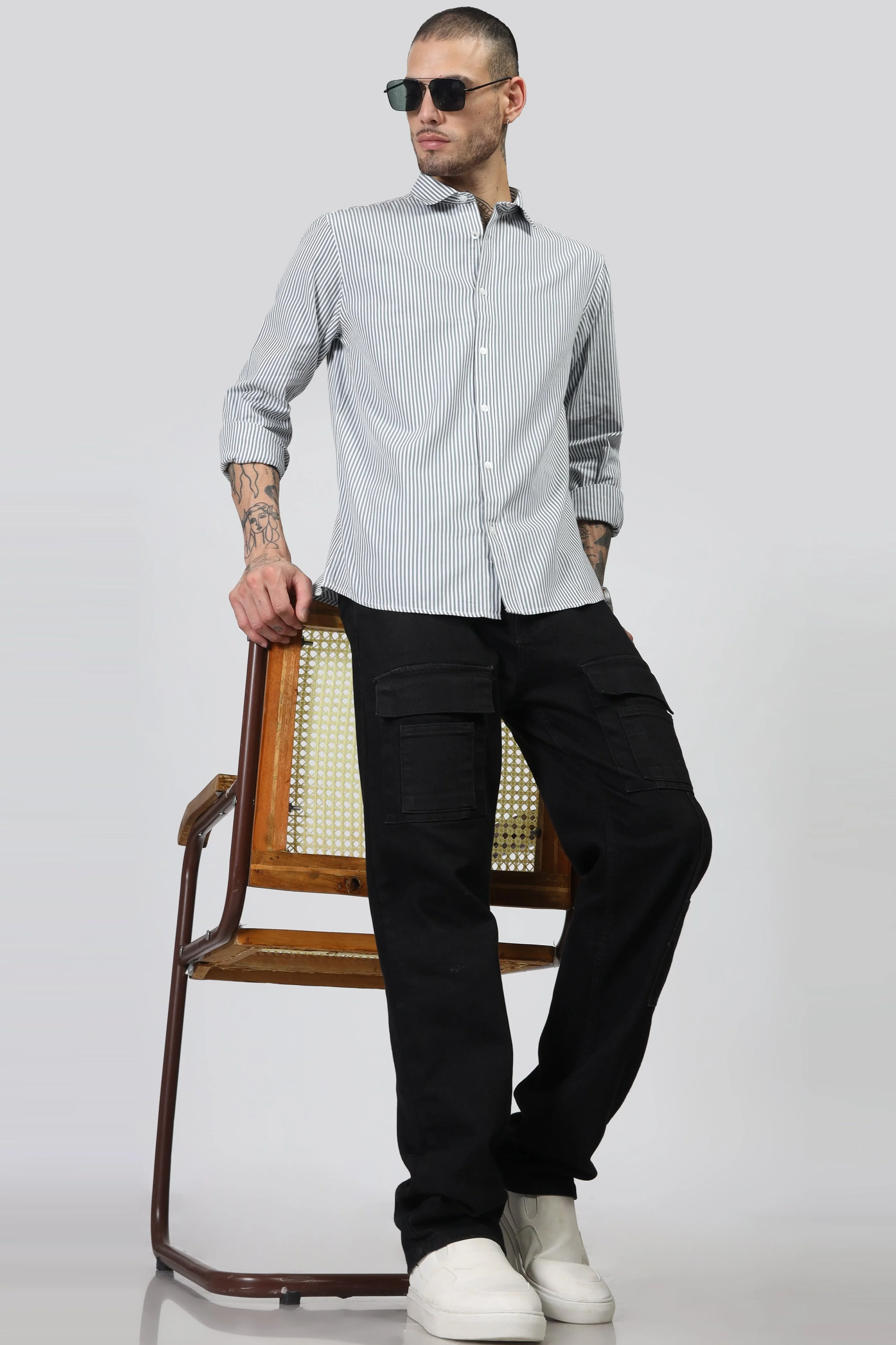 Uri White & Olive Stripe Full Sleeve Shirt - Image 5