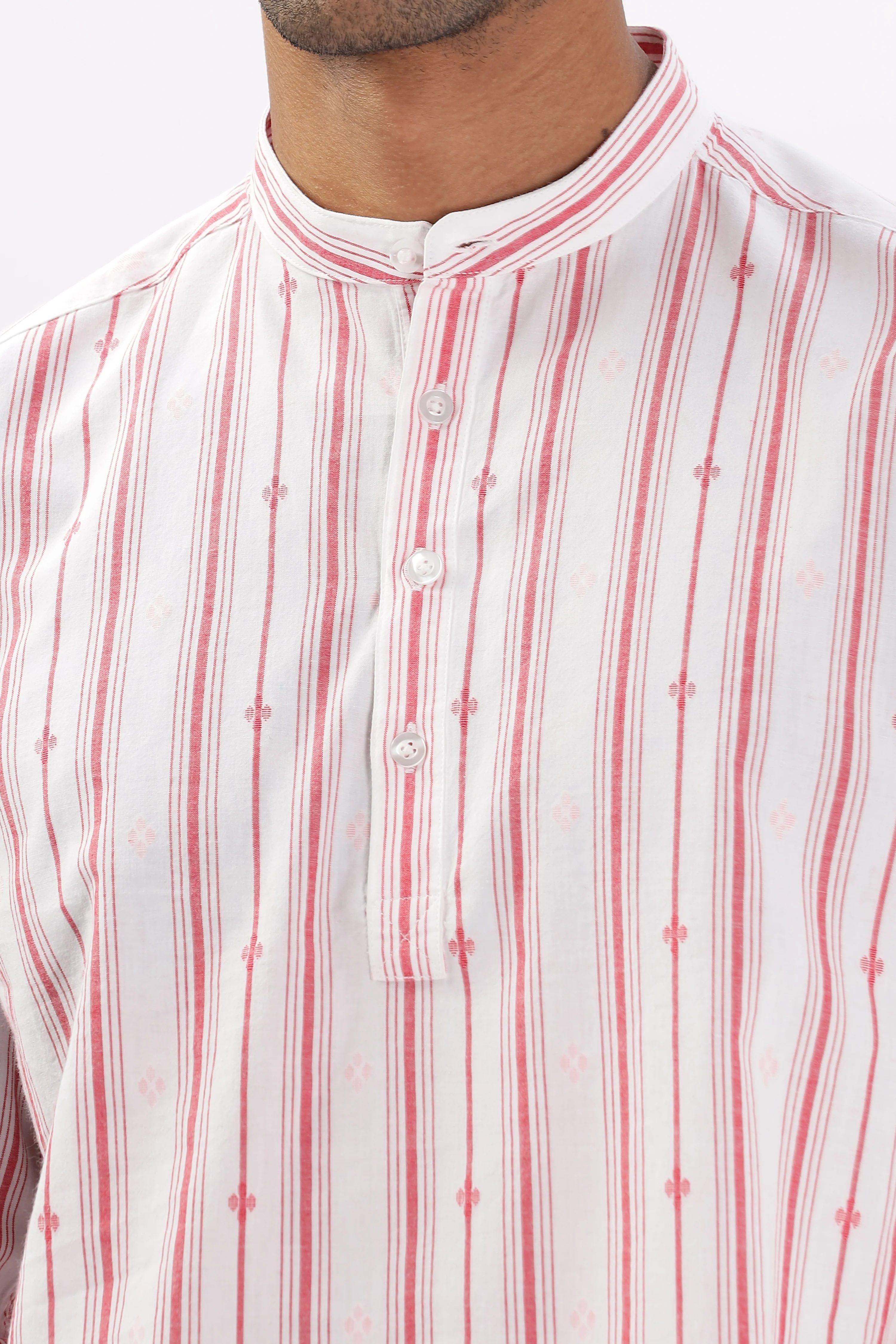 Uri White & Red Dobby Striped Short Kurta - Image 7