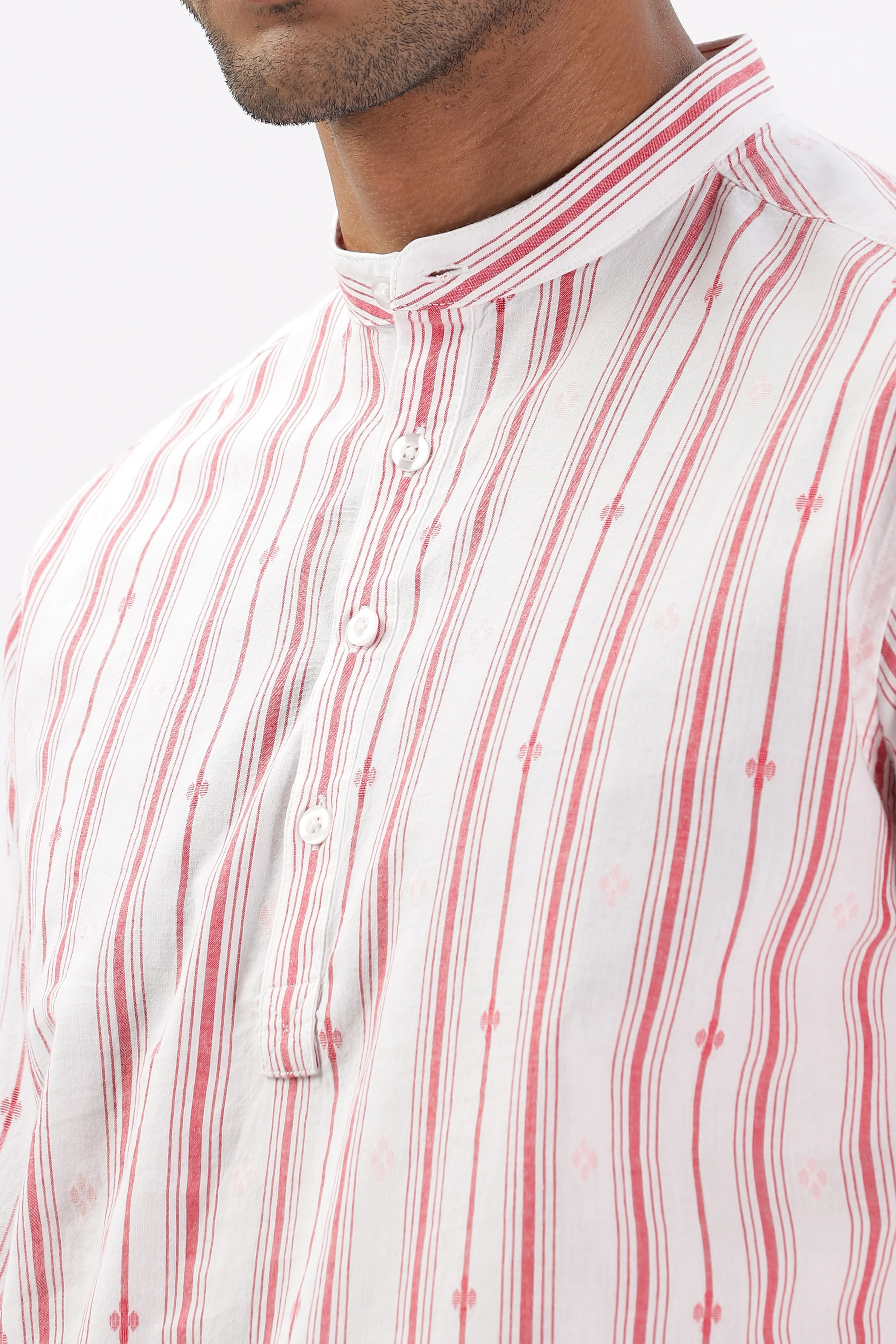 Uri White & Red Dobby Striped Short Kurta - Image 8