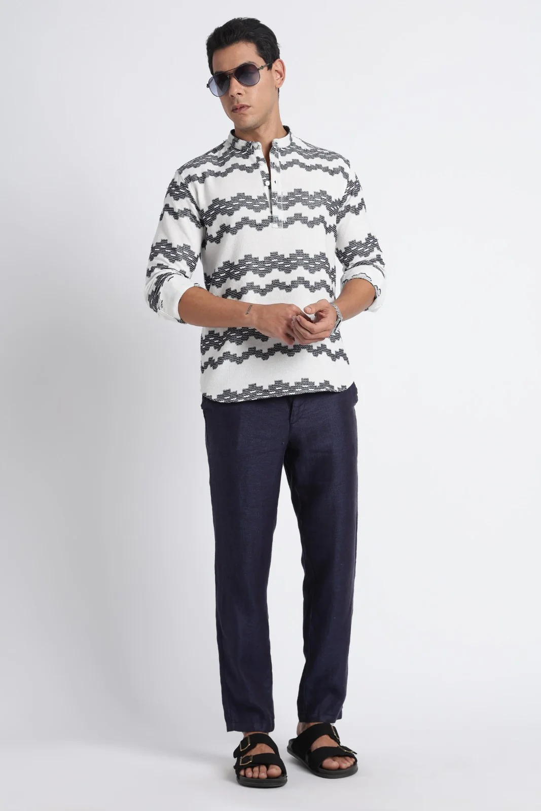 White Navy Dobby Short Kurta - Image 6
